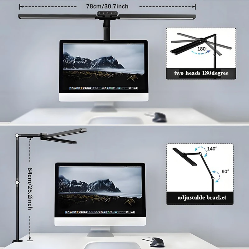 Lampa biurkowa dwugłowicowa z zaciskiem, długi ramiono, ściemnialna, 24V, ultra jasna, automatyczne ściemnianie, lampa stołowa architekta do domu i biura.