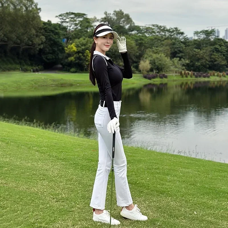 SG Golf Women Spring Ice Silk Lapel Top Breathable Thin Summer Long Sleeve Polo Shirt Female High Waist Stretch Flare Pants