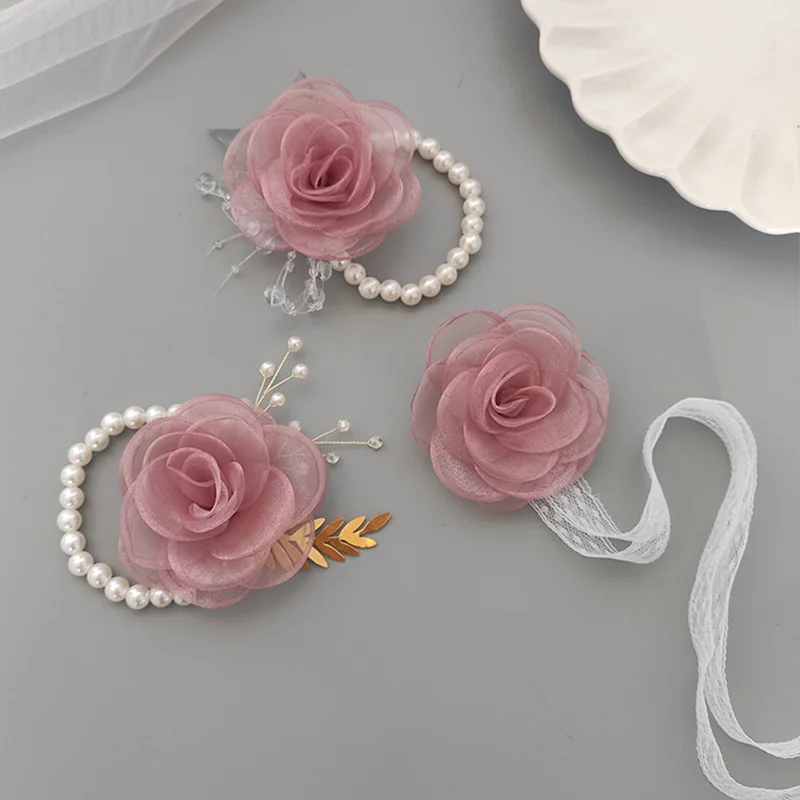 New Bridal Bridesmaid Corsage Wrist Flower Imitation Pearl Silk Yarn Hand Flower Wedding Wristband Bracelet Girls Party Jewelry