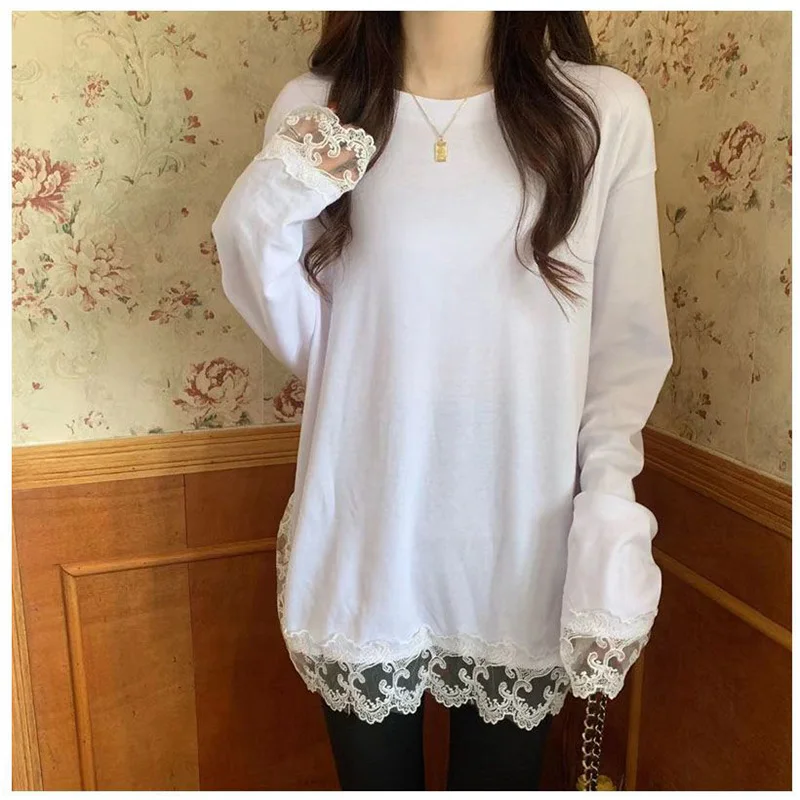 Stylish O-Neck Spliced Loose Ruffles Lace T-Shirt Women's Clothing 2022 Autumn New Oversized Casual Pullovers All-matc Tee Shirt
