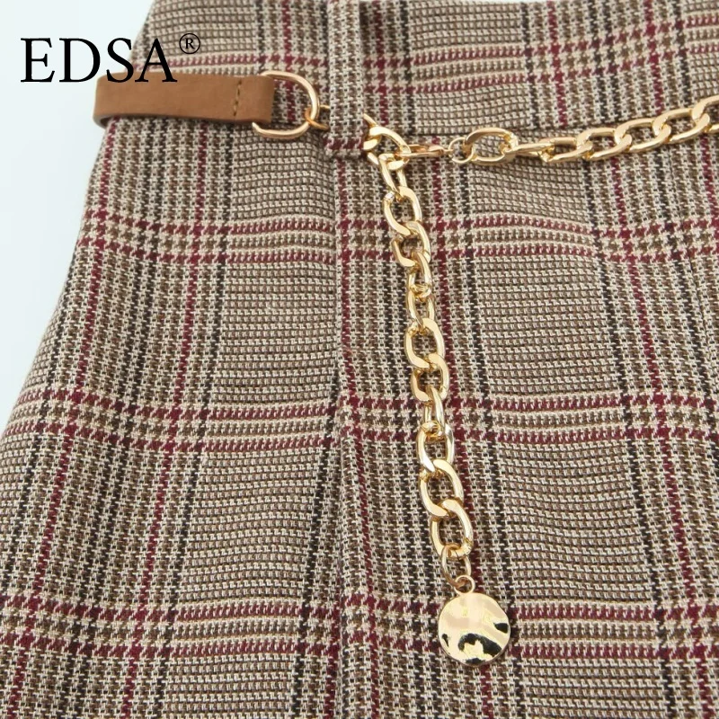 EDSA شورت نسائي طويل بنقش مربعات مع حزام عالي الخصر وسحاب جانبي سروال نسائي غير رسمي #4