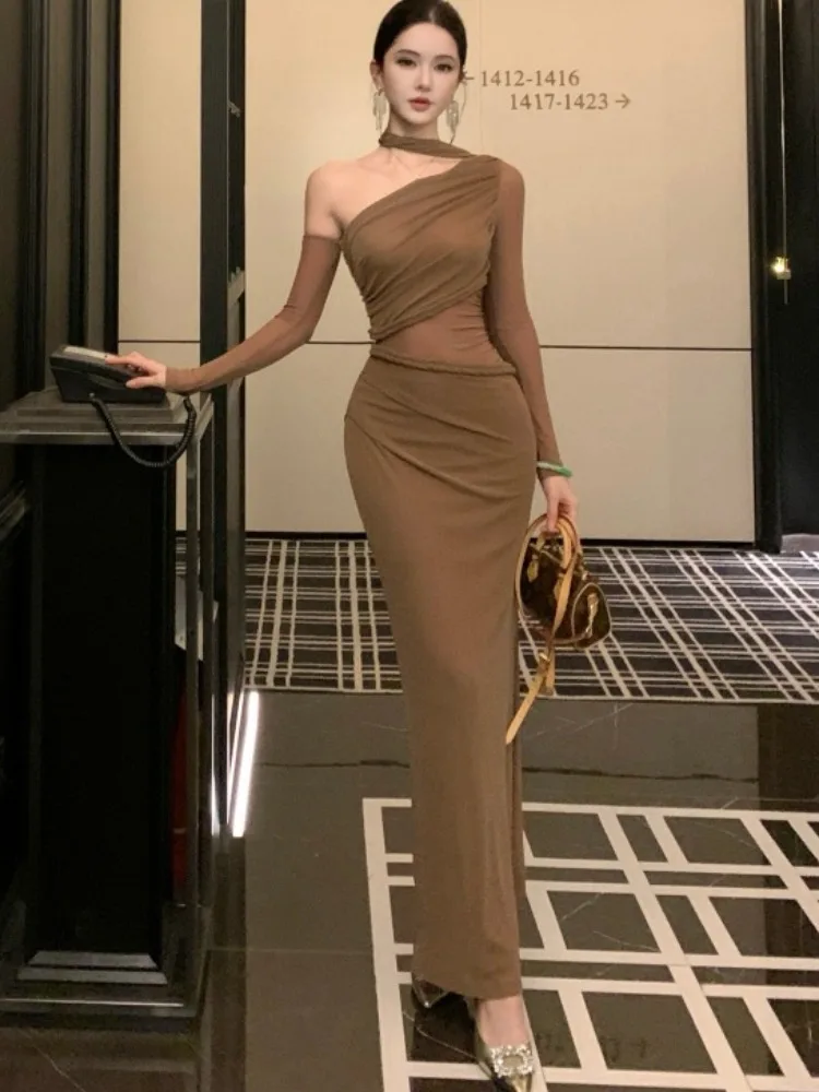 

Ele вечернее платье с наклонными плечами, женское облегающее длинное платье с высокой талией, сексуальное осенне-зимнее модное платье для парных мероприятий