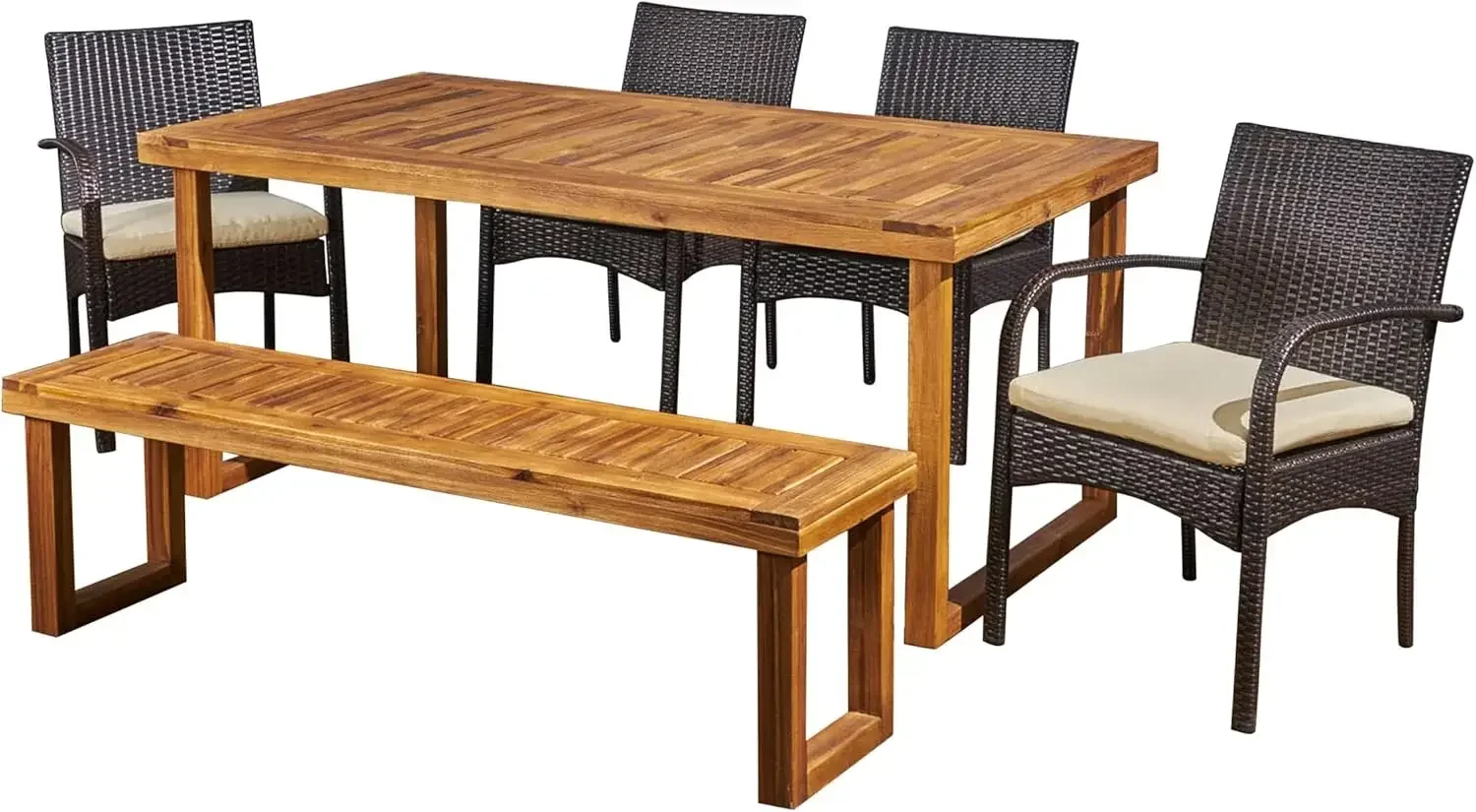 Quessier Outdoor 6-Seater Acacia Wood and Wicker Dining Set with Bench and Water Resistant Cushions