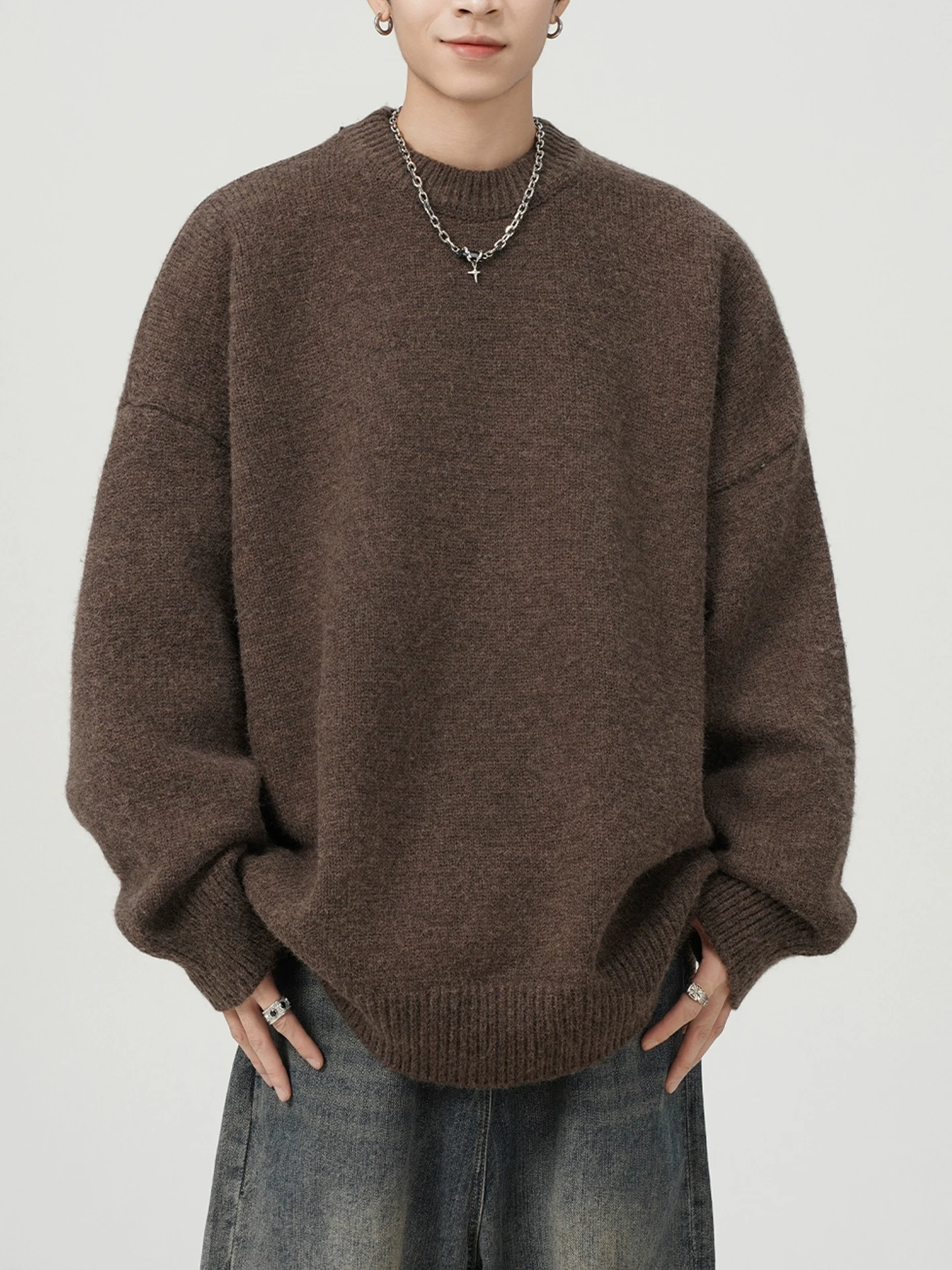 

Коричневый свободный повседневный вязаный свитер унисекс для мужчин и женщин, осенне-зимний, молодежный, из полиэфирного волокна, с длинными рукавами