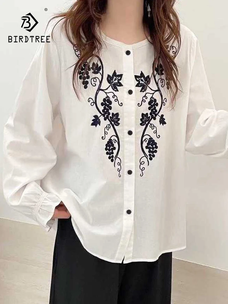 

New 2025 Autumn Cotton Long Sleeve Shirt, Women O Neck Embroidery, Mori Girl Retro Japan Style Versatile Loose Blouse T59216CC