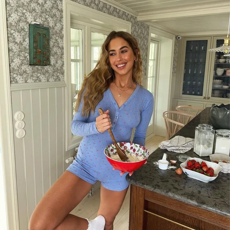 

Autumn Fashionable Women Clothing Floral Print Long Sleeved V-neck Solo Queue Buttons Slimming Home Leisure Comfortable Jumpsuit