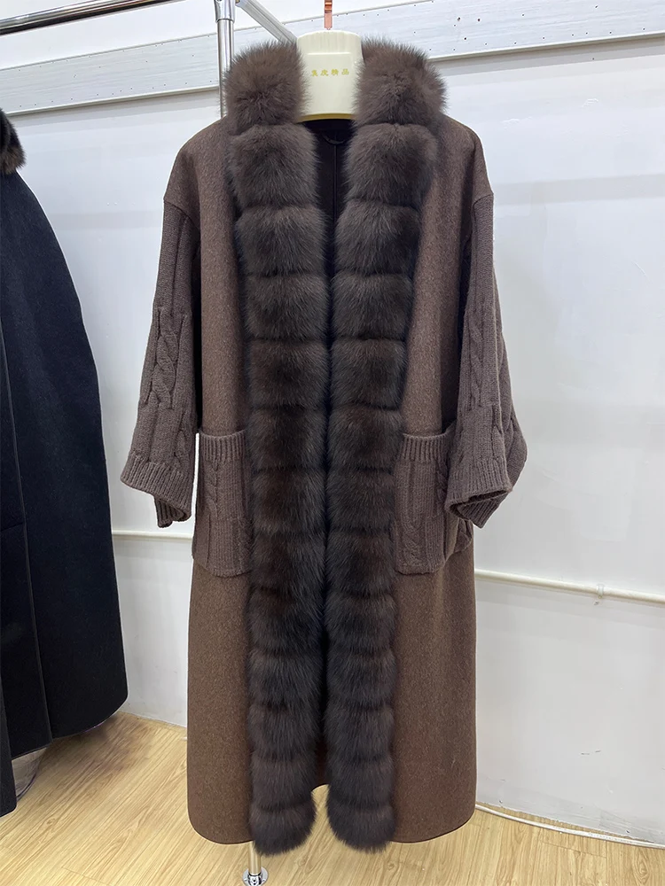 2026 Winter Women Natural Real Fur Fox Fur Collar Coat Cashmere Wool Woolen Long Jacket Luxury Outwear Ladies Female Coat