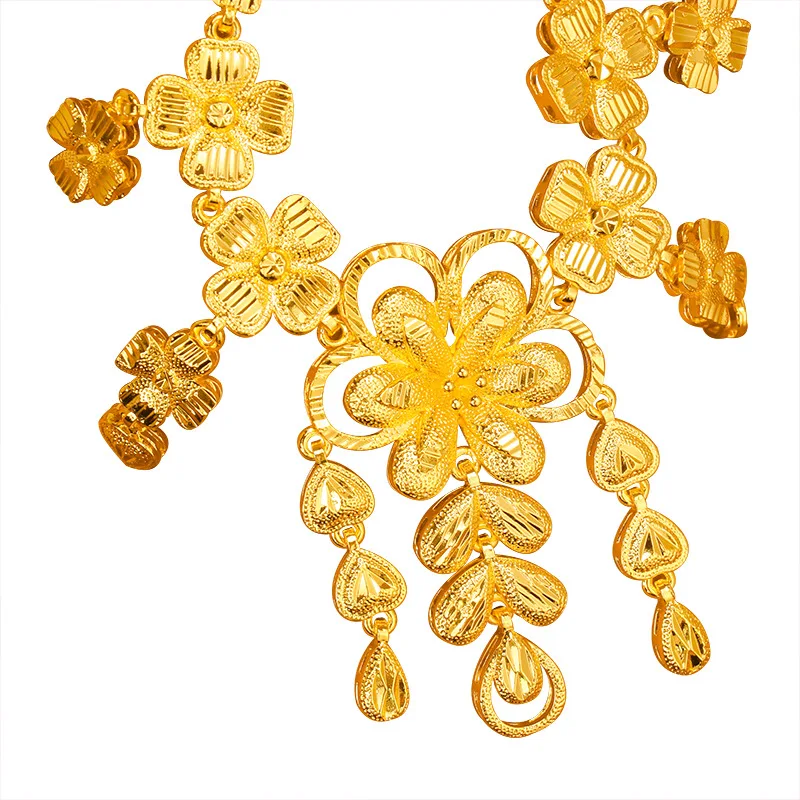 24K real gold  9999 yellow gold Women\'s Wedding Necklace Flower Necklace Wedding Set Chain Ethnic Style Vintage Hollow