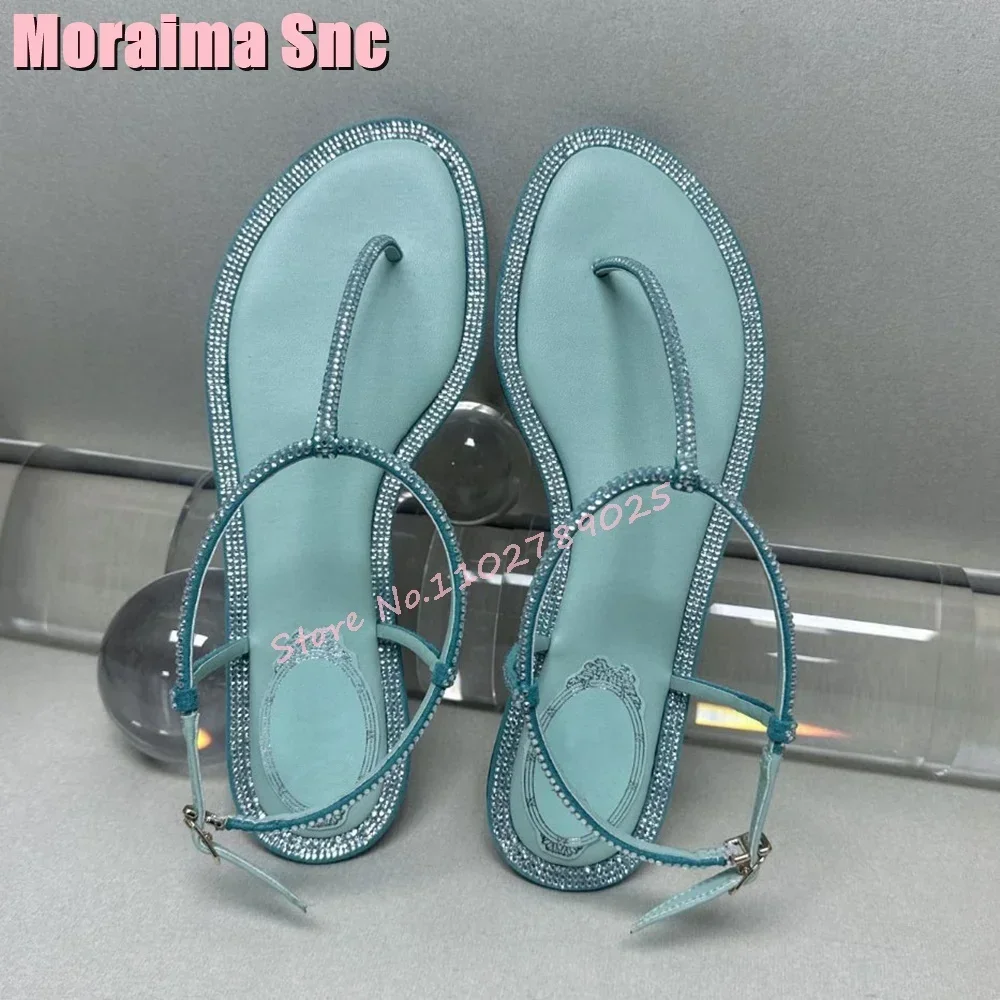 New Luxury Crystal Trim Clip Toe Flat With Sandals Bling Ankle Buckle Strap Solid Fashion Women\'s Shoes Summer Outdoor Casual