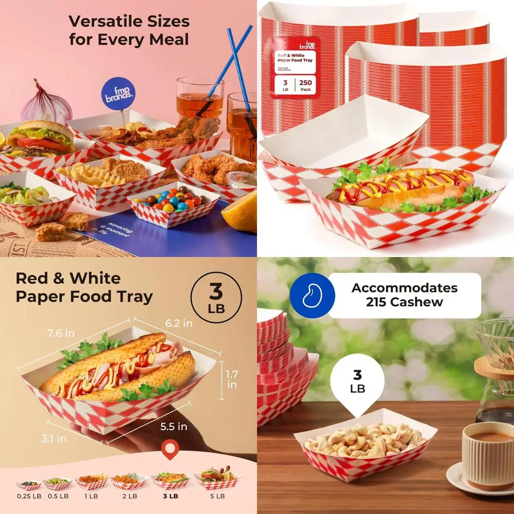 

250 Pack 3lb Heavy-Duty Red Paper Food Boats - Ideal for Parties, Fairs, Picnics, Carnivals - Holds Tacos, Fries, Grease Resista