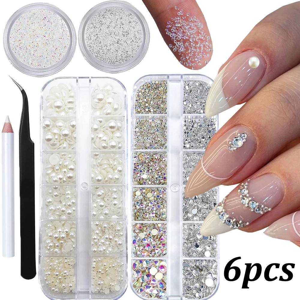 

6pcs/set AB Clear Gem Cream Pearl Nail Rhinestones Parts 3D Mixed Crystals Gemstones+Tweezers Picker Nail Art Jewelry Accessorie
