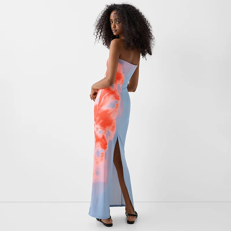Vestido Tubo Maxi Estampado Sexy Sin Tirantes para Mujer, Escote Bardot, Espalda Descubierta, Elástico Largo, Verano Playa Y2K 3