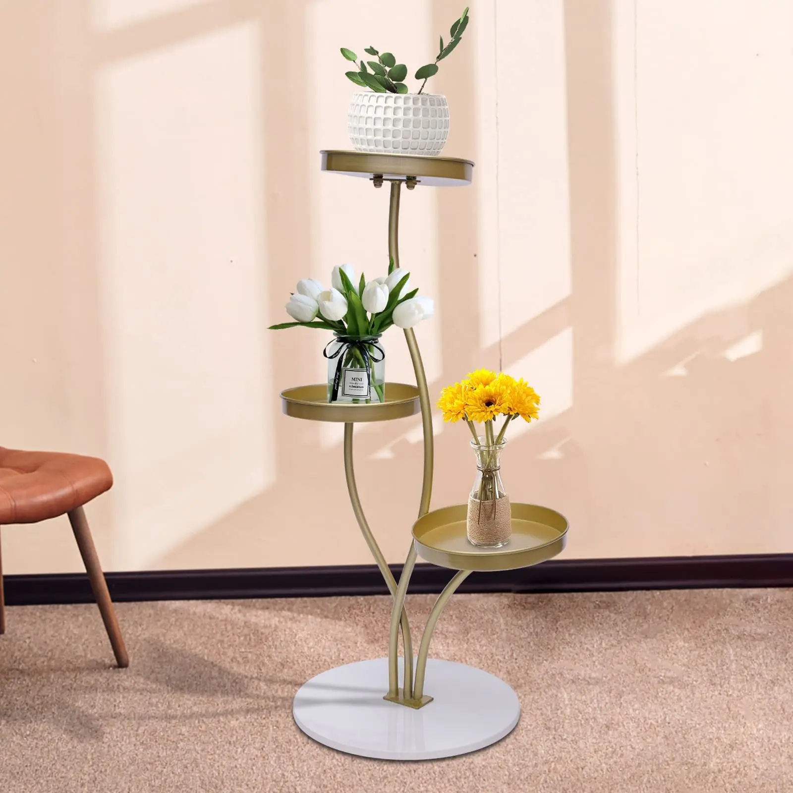 Plant Stand Indoor Outdoor, 3 Tier Metal Tall Shelf Multiple Plant Holders Modern Pedestal Plant for Corner, Living Room, Balcon