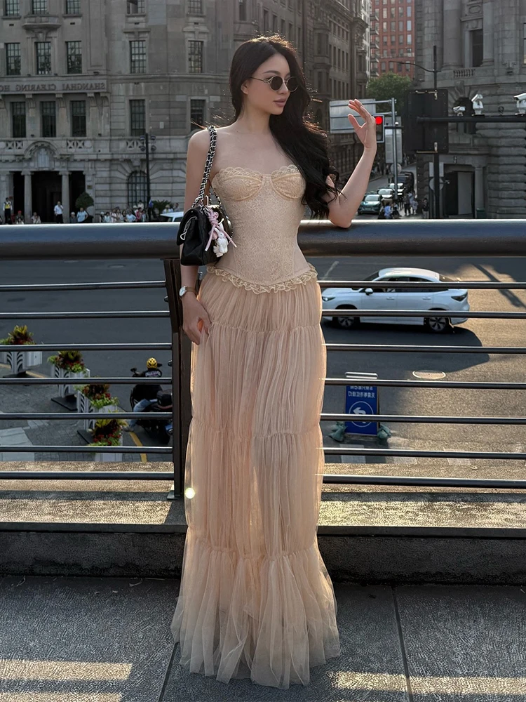 Macheda Y2K スイートスタイル 2 点セット女性オフショルダーフリル裾コルセットトップス + シャーリングドレープメッシュスカートマッチングエレガントなスーツ