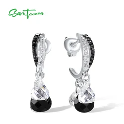 SANTUZZA Pure 925 Sterling Silver Stud Earrings For Women Sparkling White CZ Black Spinel Dangling Delicate Party Fine Jewelry