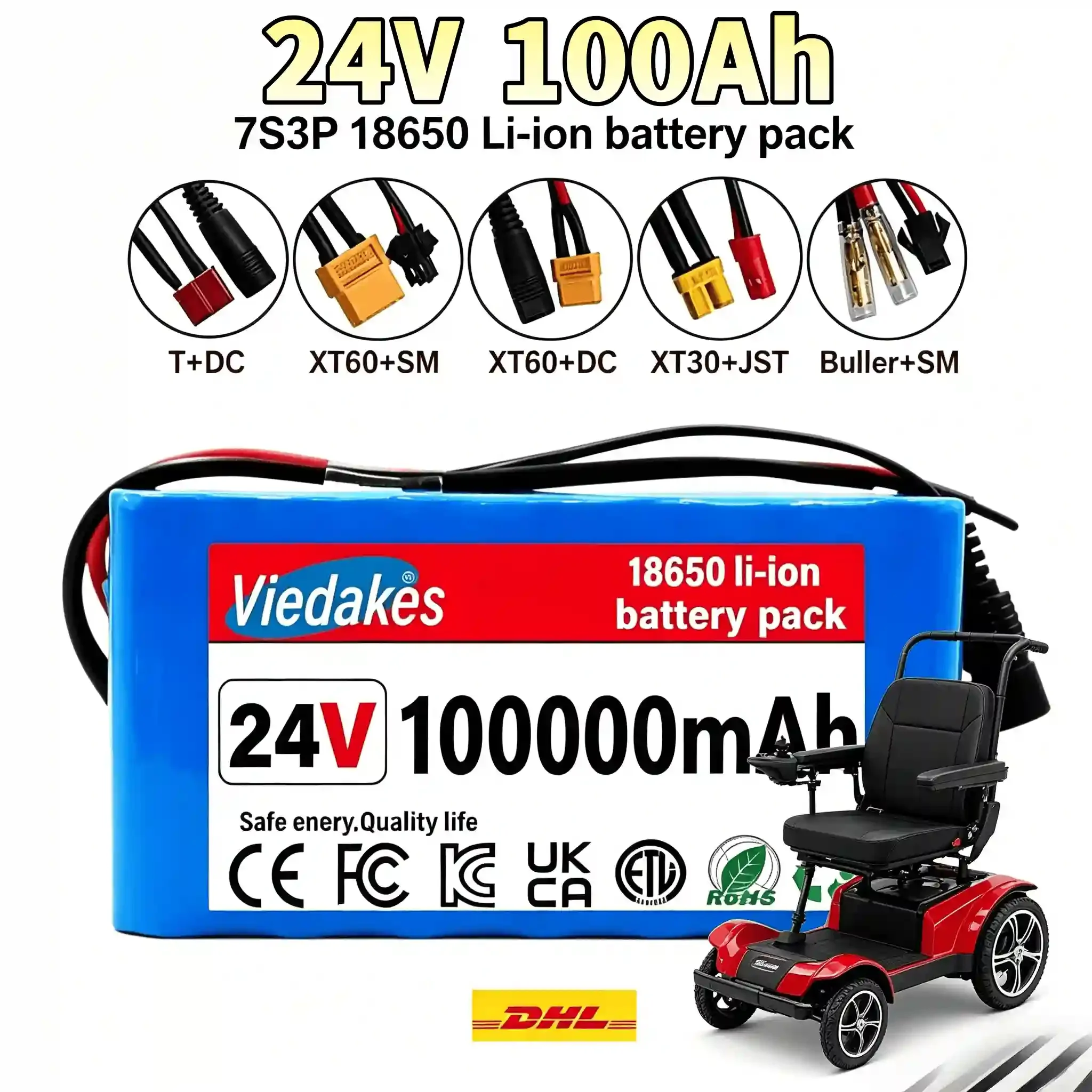 

VIEDAKES 24V 100Ah 7S3P 18650 Li-ion Battery, Rechargeable Battery for Kids Electric Ride On Car, with Safety Certification