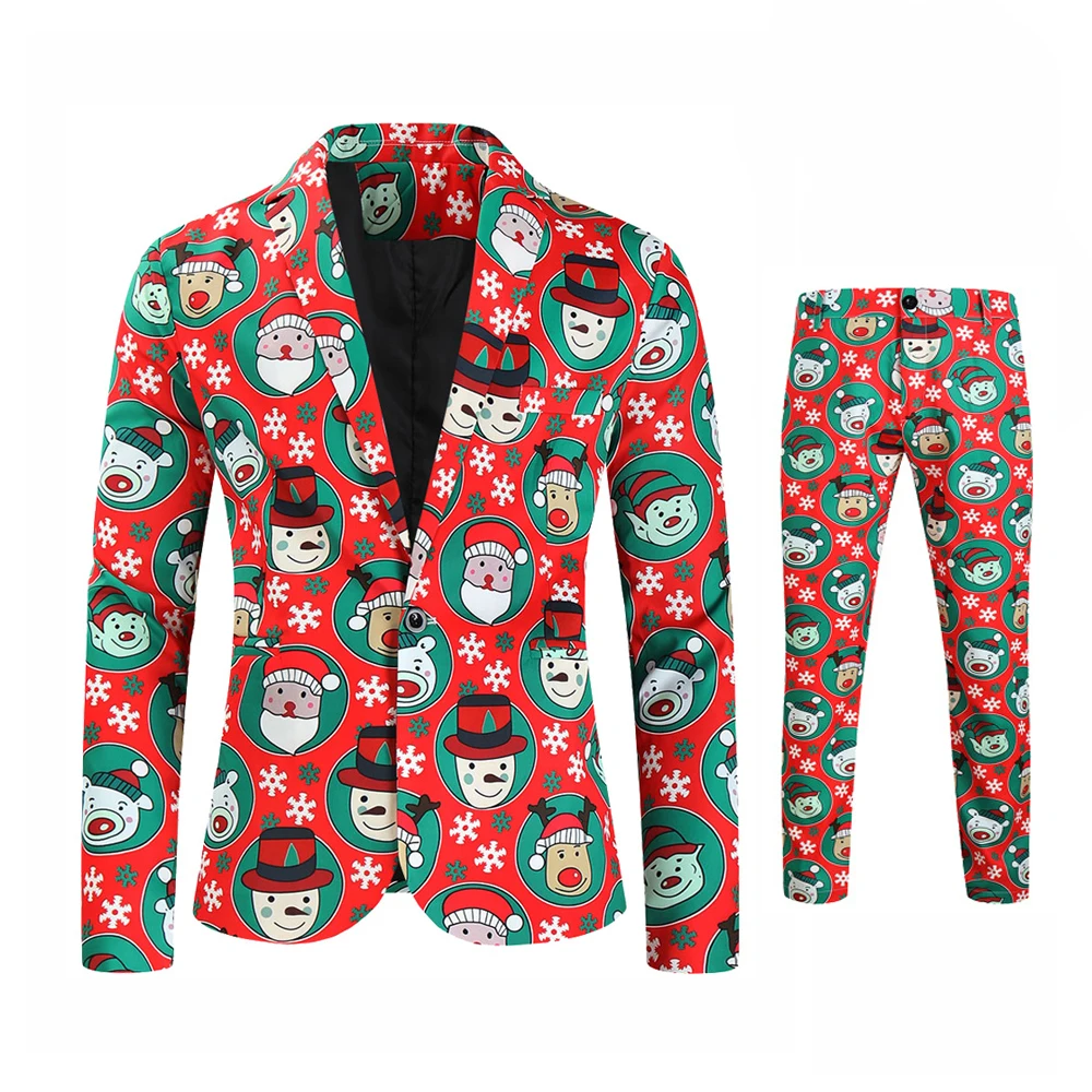 Boneco de neve masculino impresso terno de Natal, um botão jaquetas, calças, casual, negócio, blazer masculino, feio, engraçado, Natal, 2 peças conjuntos