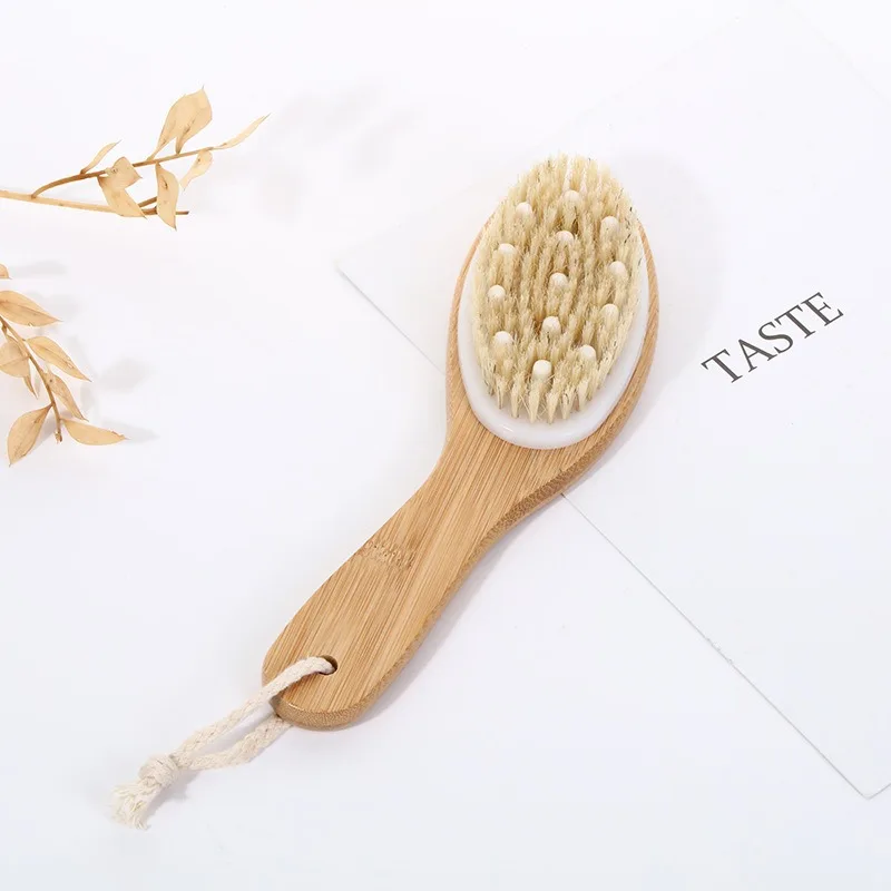 Nanzhu-cepillo de baño para frotar madera de cáñamo, pelo de cerdo, mango curvo, cepillo para piernas de pollo, masaje corporal, cepillo de baño de doble uso húmedo y húmedo