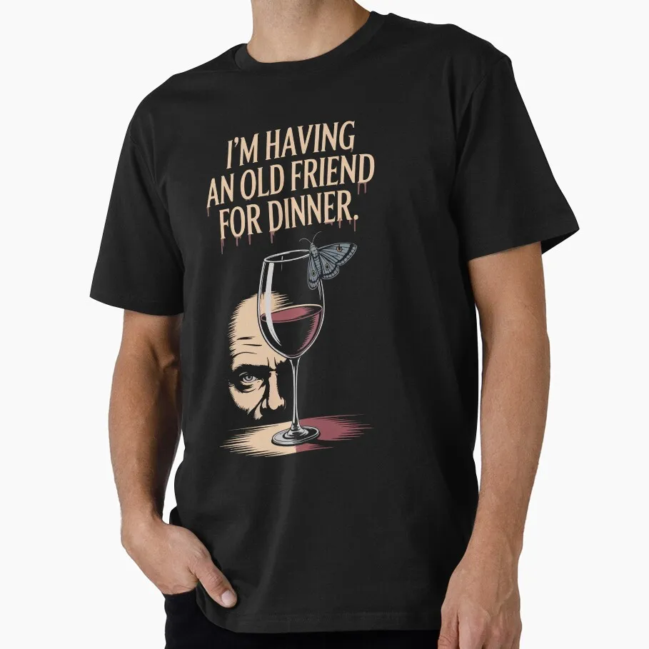 Camiseta con cita del silencio de los corderos, soy un viejo amigo para la cena, película de terror, camiseta de Hannibal para hombres, camisetas de todas las tallas