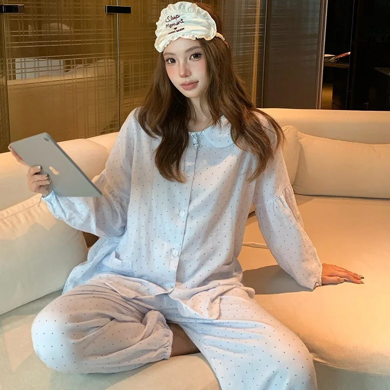 Polka Dot Puff Sleeve Pajamas Set Female Loungewear Spring Autumn Sleepwear Trouser Pijama Suit Loose Cotton Homewear