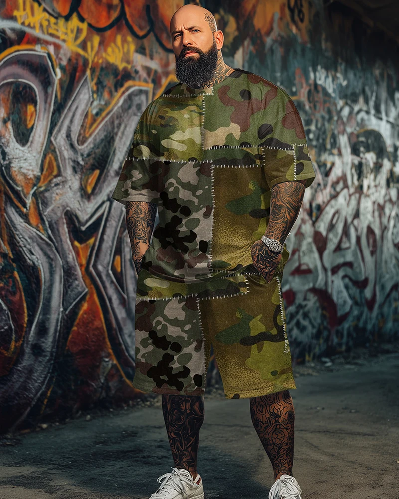S-9XL Plus Size Men's Streetwear 2 Piece Outfit, Camo Faith Over Fear Hip-Hop Graphic Print Short Sleeve T-Shirt and Shorts Set