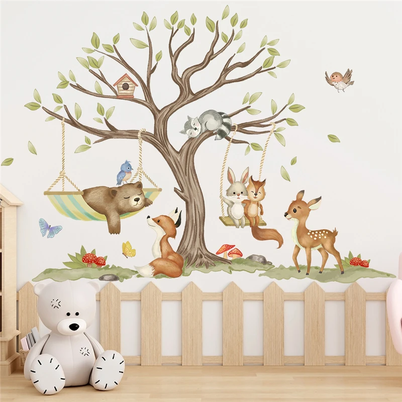 Woodland Animals PVC Wall Sticker Cute Cartoon Tree Swing Nature Scene, Toddler Room Background Baby House Interior Art Decals
