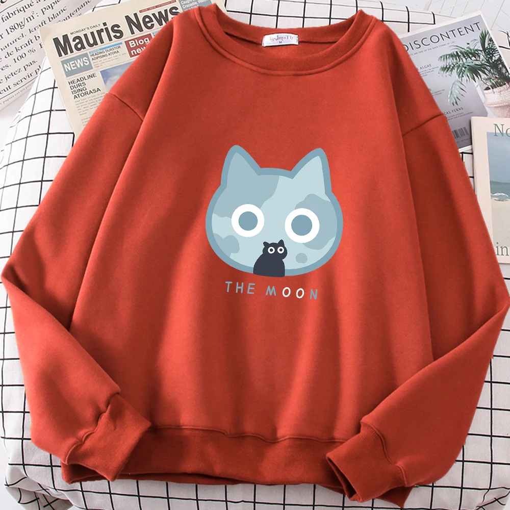 The Moon Blue Cat Fun Cute Print Cartoons Hoodies Mens Women Fashion Fleece Sweatshirt Oversize O-Neck Couple Hoodie Tops