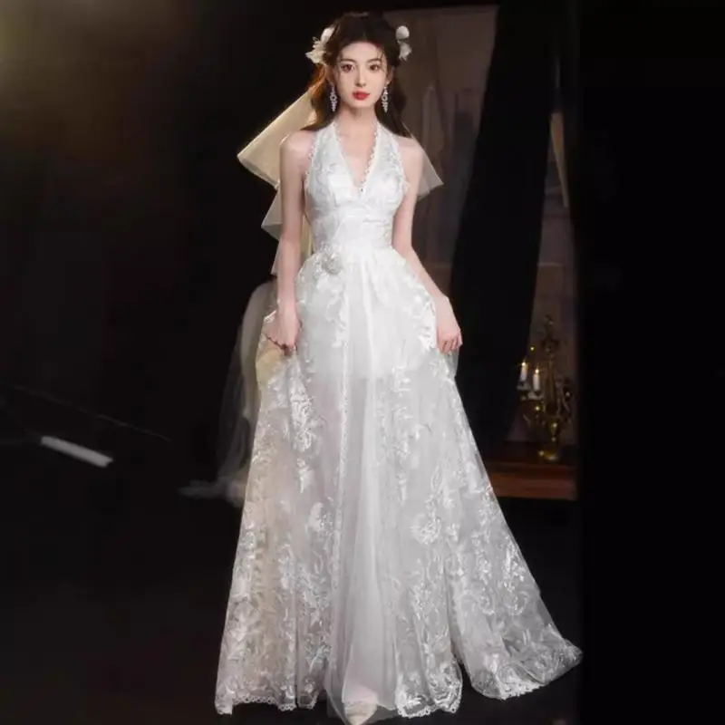 

Hanging Neck V-neck Lace A-line Wedding Dress Forest Style Super Backless Light Gauze Outdoor Wedding Bride Princess Dress