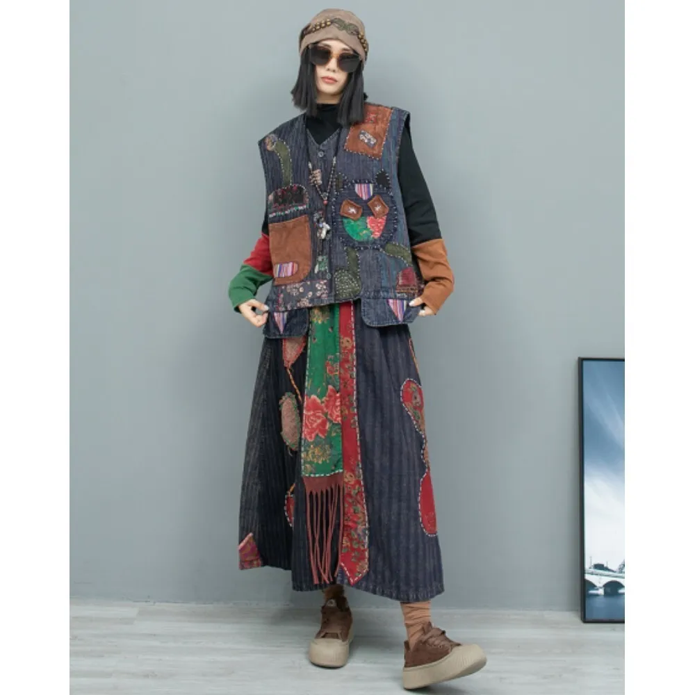 Hand Embroidered Double Layer Old Cloth Vest + Skirt Two Piece Set Women Autumn Matching Dress Set LX2574