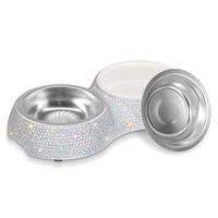 Sparkling Diamond Stainless Steel Double Pet Food Bowl Pet Drinking Food Dog Food Puppy Feeding Supplies Cat Products