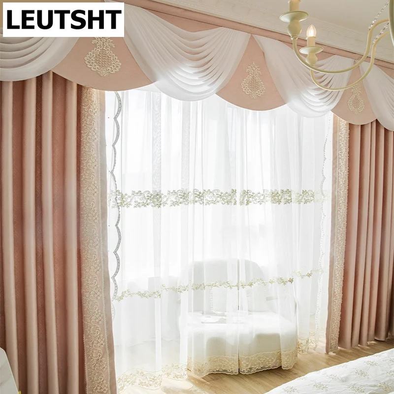 

French Curtains for Living dining Room Bedroom High-end European Pink Solid Color High Precision Wedding Room Curtains valance