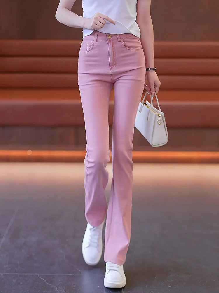 

Pink Bell Bottom Jeans Women's Summer Thin High Waist Slim Fit Elastic Casual Bell Pants Korean Style Commute Wind Cotton Pol...