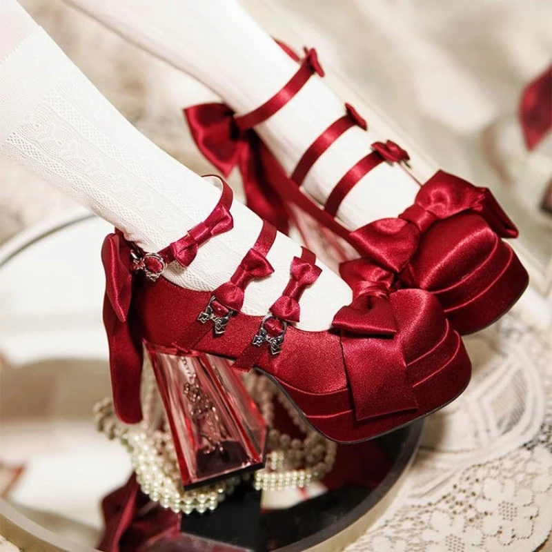 

​ Модные бордовые кожаные лоферы на очень высоком каблуке Мэри Джейн с прозрачным кристаллическим каблуком, женские туфли на платформе с бантом и подошвой ​
