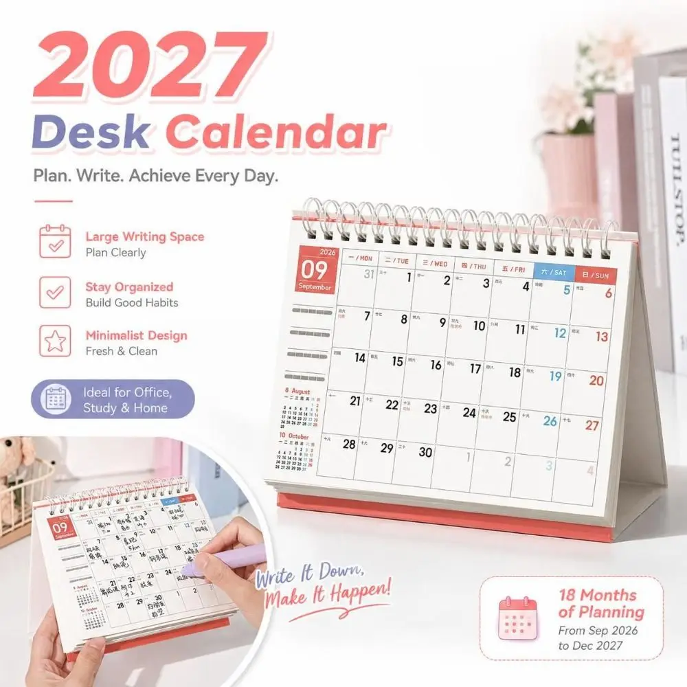 Minimalist 2027 Desk Calendar Monthly Layout Spiral Bound Coil Calendar Writable Pages Standing Calendar Study Desk