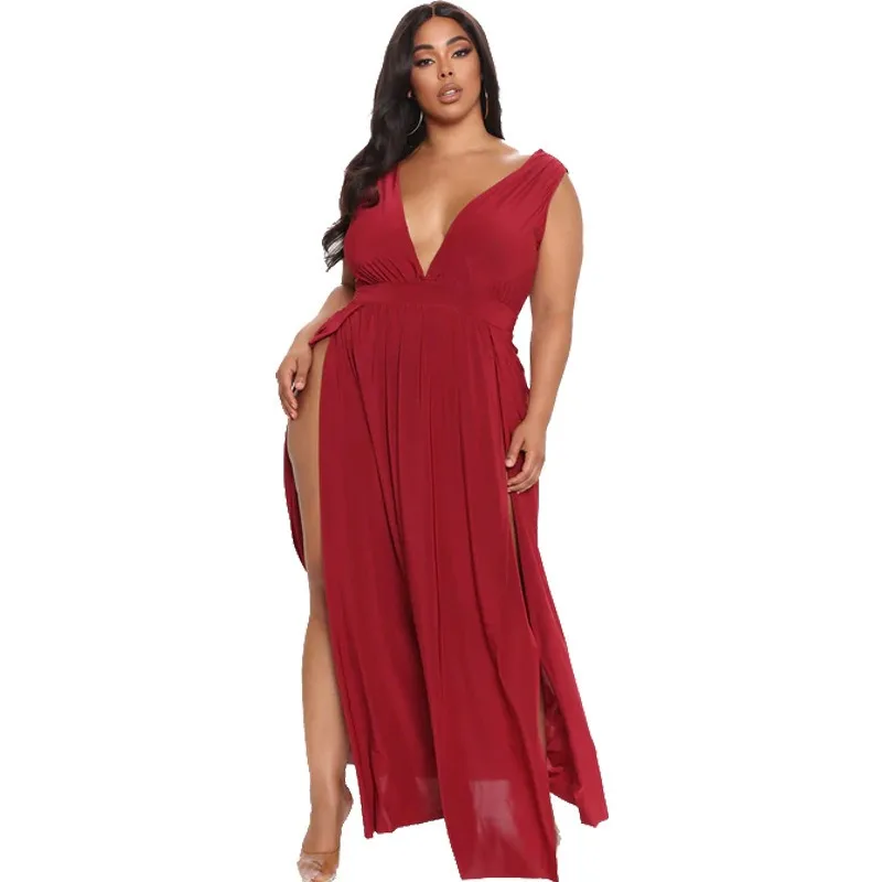 XL-5XL abiti da sera per le donne 2023 abbigliamento estivo Plus Size senza maniche con scollo a V profondo diviso in tinta unita vestito lungo da festa Sexy