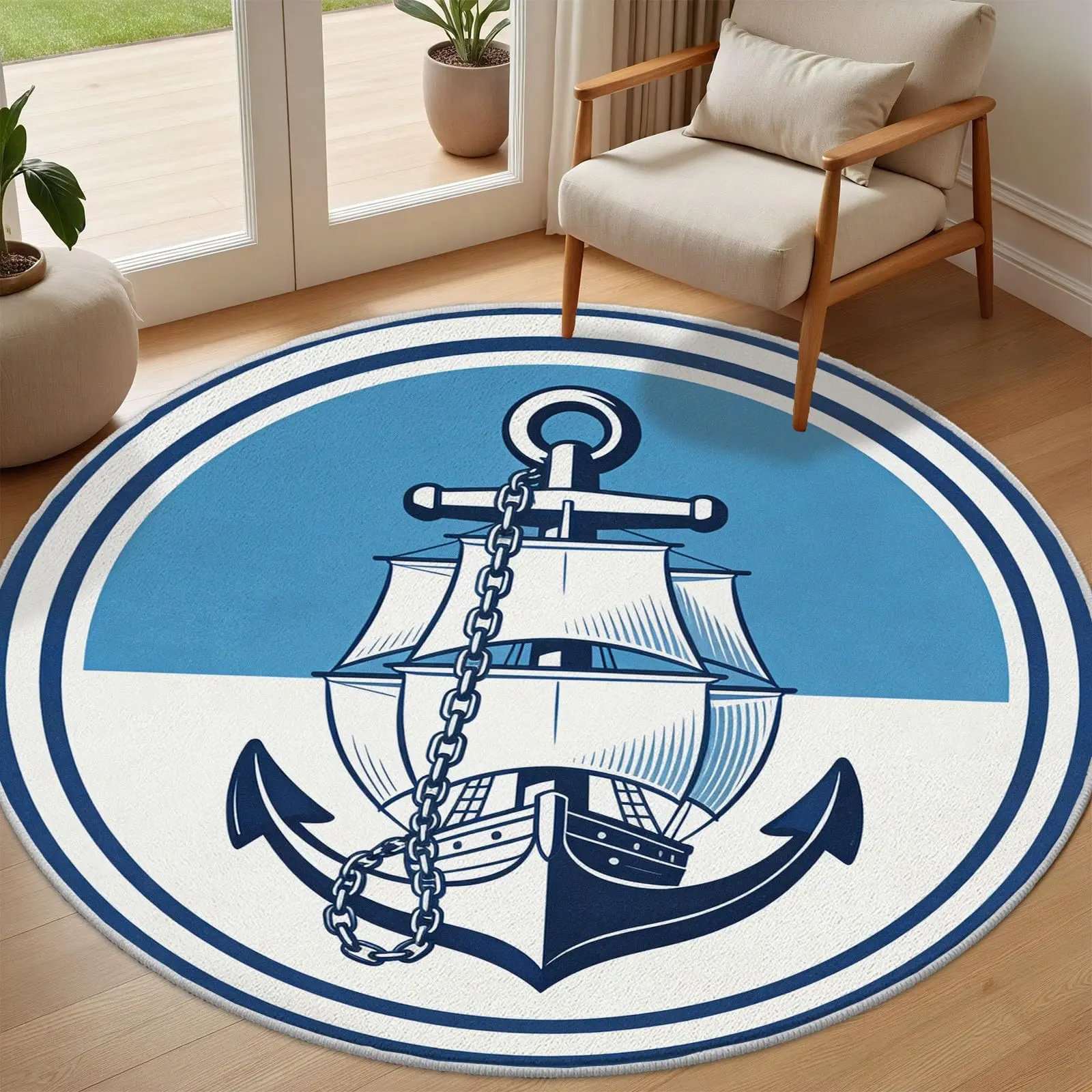 Round Area Rug Compass Pattern Carpet Travel Navigation Theme Home Decor Floor Cover Living Room Bedroom Lounge Accent Design