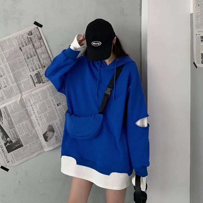 Autumn New Contrast Lazy Style Fake Two Piece Top Hoodies Long Sleeve Loose Patchwork Pullovers Casual Fashion Women Clothing