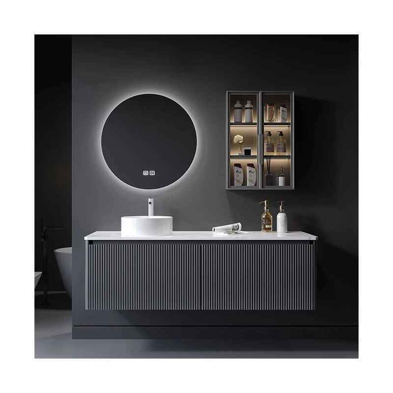 !@Modern Gray Marble Floating Vanity Solid Wood Bathroom Storage Cabinet Wall Mount Washroom Cabinet for Hotels