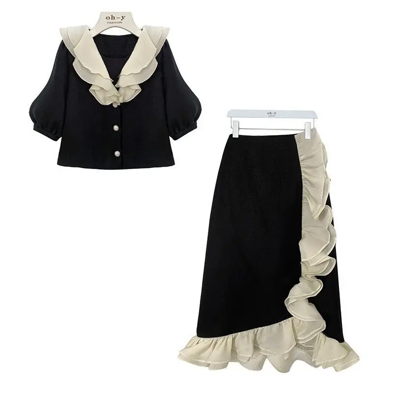 French Vintage Small Fragrance Two Piece Set Women Korean Fashion Shirt Short Sleeve Blouse + High Waist Skirts Female Outfits