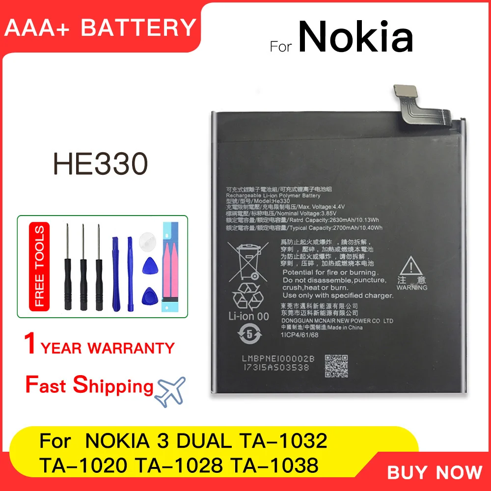 Genuine HE330 For Nokia 3 DUAL TA-1032 He330 New Large Capacity Mobile Phone Battery 2630MAh batteria+Free Tools