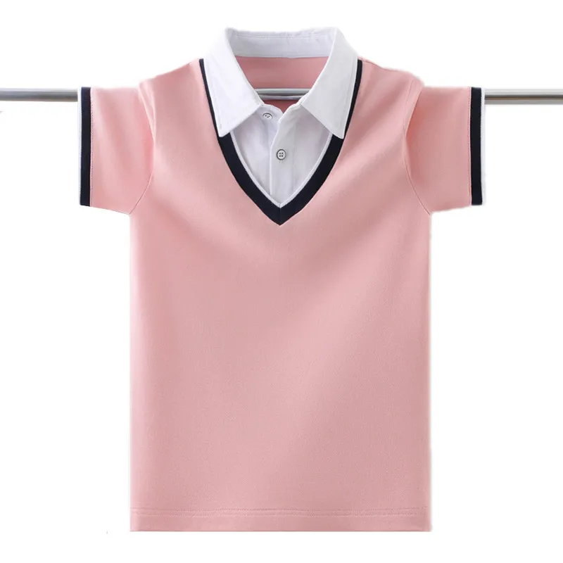 Boys School Uniform Cotton Polo Shirt Summer Chicken Heart Collar Design Kids Short Sleeve Cotton Tops For Children's Age 5-15 T