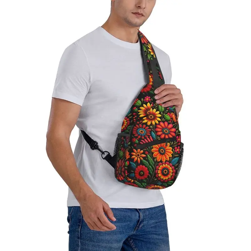 Mochila cruzada para hombre, bolso de hombro personalizado, colorido Floral, flores mejicanas, fresco, para el pecho, ciclismo, Camping, Daypack