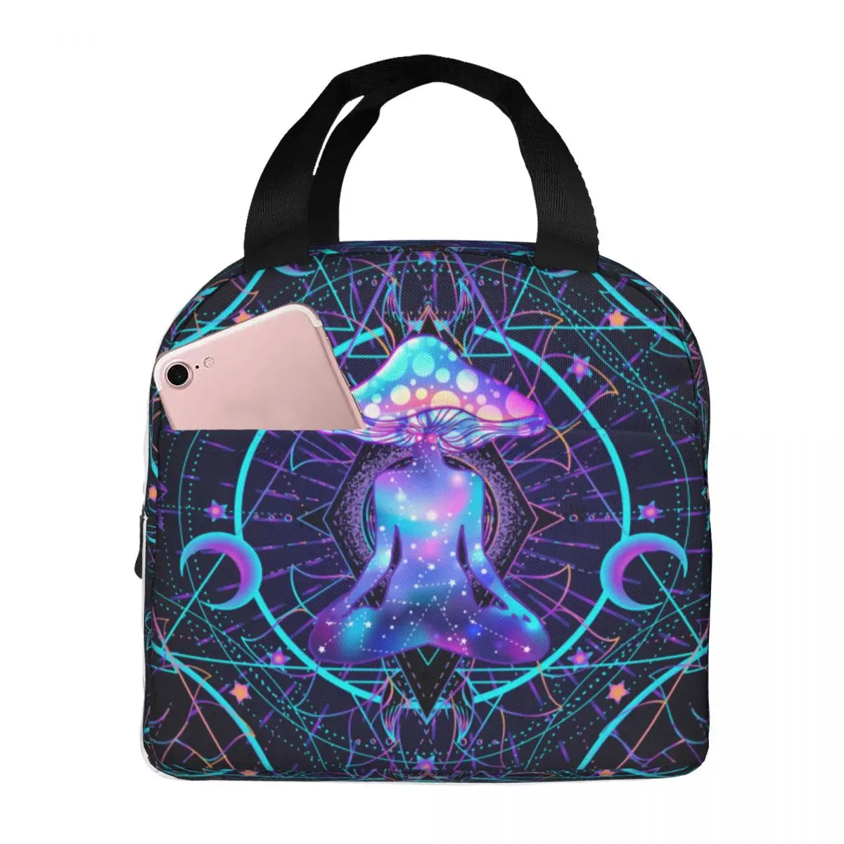 Lunch Bag for Men Women Illusory Art India Mandala Thermal Cooler Waterproof Picnic Psychedelic Buddha Mushroom Zen Lunch Box