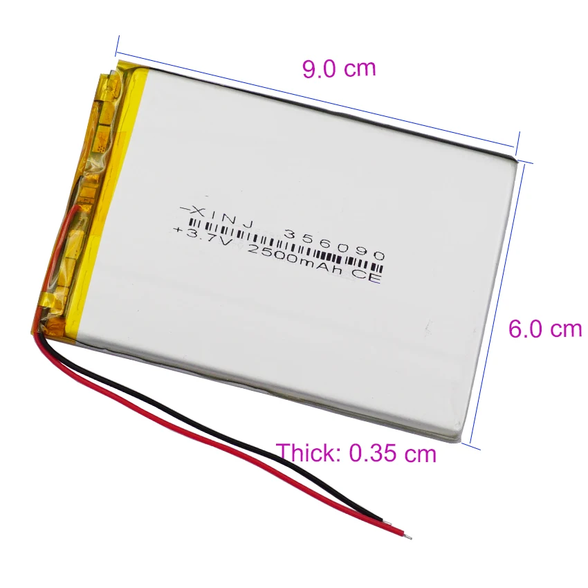 3.7V 2500mAh 9.25Wh Li-Polymer Replacement Li Lipo Battery JST 2Pin 1.0/1.25/1.5/2.0/2.54mm Connector 356090 For GPS Camera LED