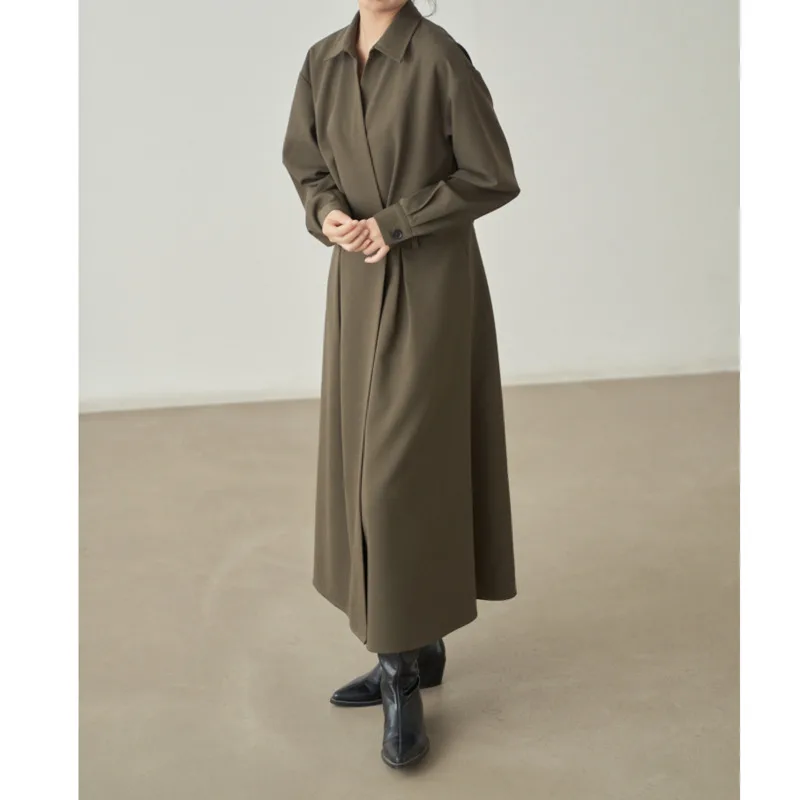 KWTX Damski trencz Sukienka Jednolity kolor z paskiem w talii Wysokie rozcięcie Vintage Streetwear Miękka Wiosna Lato 2025 Wysoka jakość