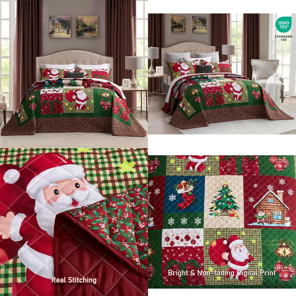 

Комплект постельного белья King Size с рождественским узором Санта-Клауса, пододеяльник в клетку в деревенском стиле, легкая микрофибра из трех предметов