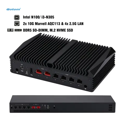 Qotom Mini PC Intel N100/ i3-N305, 2x 10G Marvell AQC113 & 4x 2.5G LAN, DDR5 Router Appliance for OpenWrt/ Linux, Mini Case/ 1U