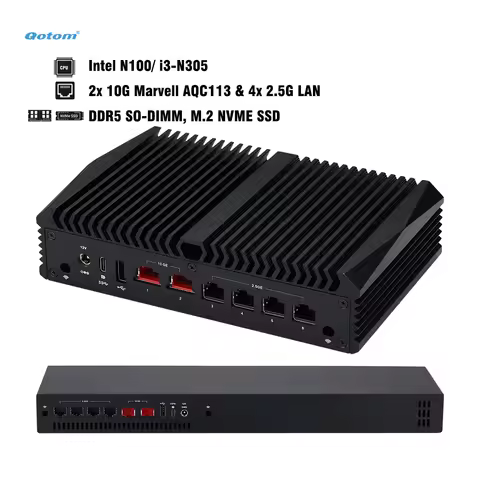 Qotom Mini PC Intel N100/ i3-N305, 2x 10G Marvell AQC113 &amp; 4x 2.5G LAN, DDR5 Router Appliance for OpenWrt/ Linux, Mini Case/ 1U