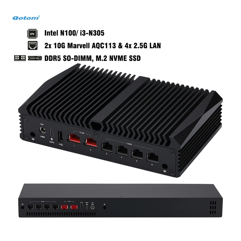 Qotom Mini PC Intel N100/ N305/ N355, 2x 10G Marvell AQC113 & 4x