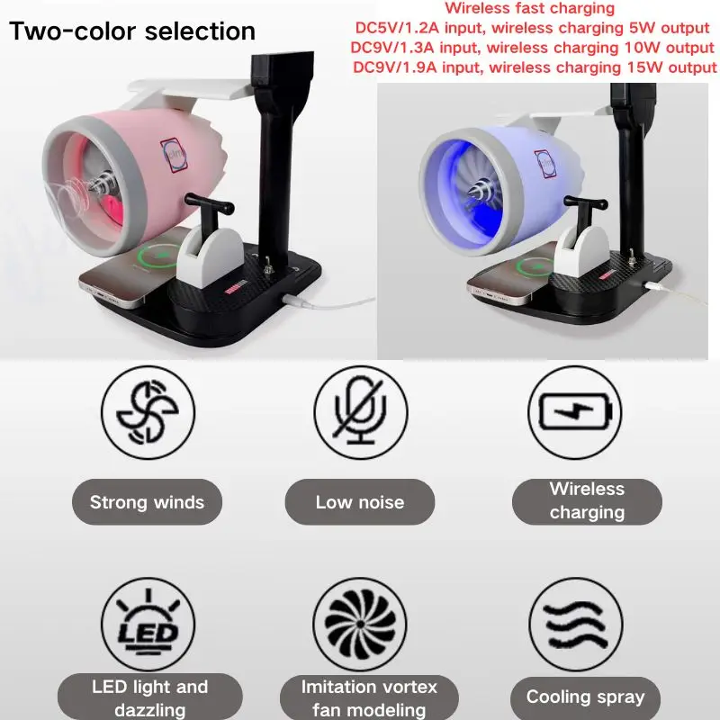 Turbofan-förmiger Desktop-Flugzeugventilator, ausgestattet mit Befeuchtungsspray, kabelloses Laden, Handy-Geschenk für Freunde